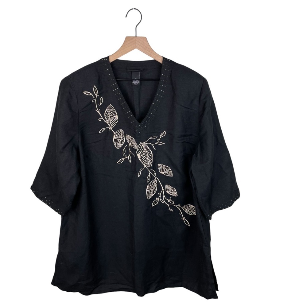 Maggie Barnes Womens Linen Tunic Top Size 1X Black Embroidered Beaded Boho Artsy
